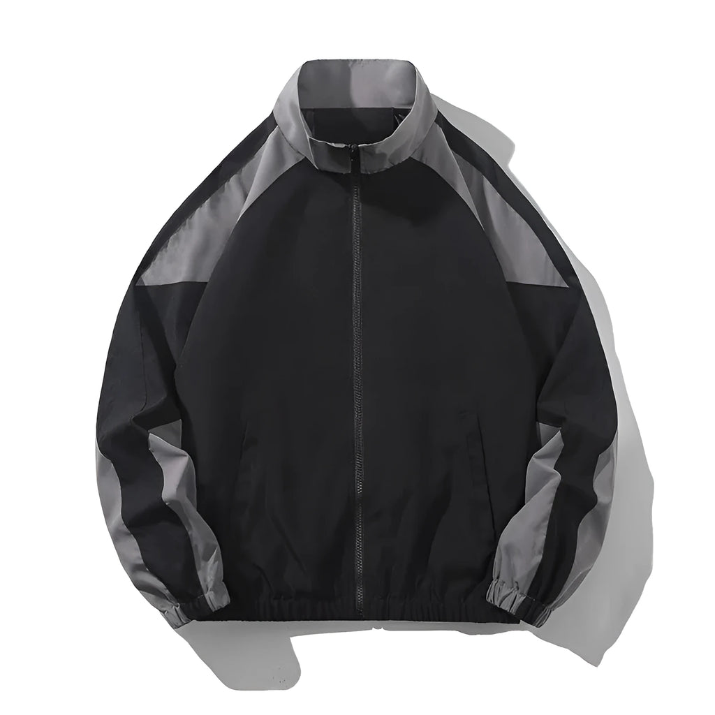 Men's black casual jacket with contrasting colour stitching on the front and sleeves.