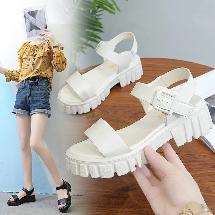 Women's beige platform sandals with ankle-strap buckle and peep toe fish mouth design on neutral background