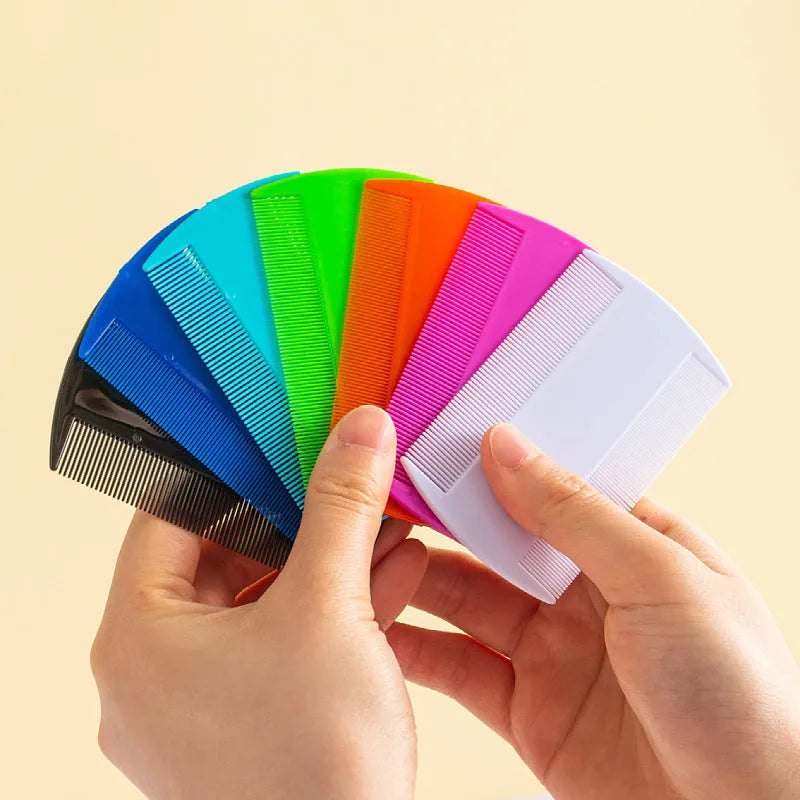 A plastic double-edged fine-toothed flea comb for pets and lice removal, shown in various colours.