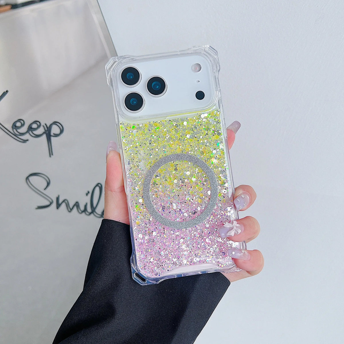 Glitter magnetic TPU phone case for iPhone 16 Pro in yellow pink colour, frosted finish, all-inclusive drop-resistant cover