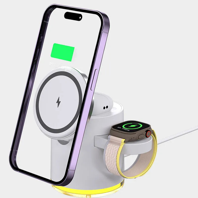 C16 folding three-in-one magnetic wireless charger in black or ivory white, charging a phone, watch and earphones.