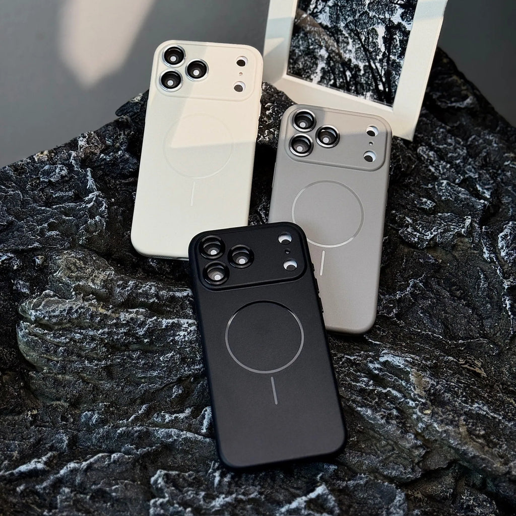 Frosted magnetic suction phone case with lens protector for iPhone 17 series in black, blue, grey, orange, pink, rose red or white.