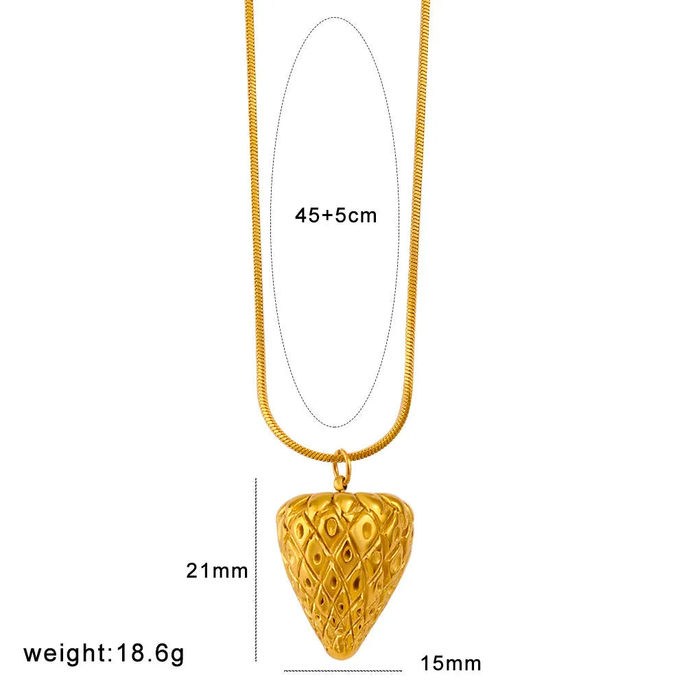 Alloy fruit pendant necklace with apple, grape, watermelon, banana, pineapple, strawberry designs on stainless steel chain.