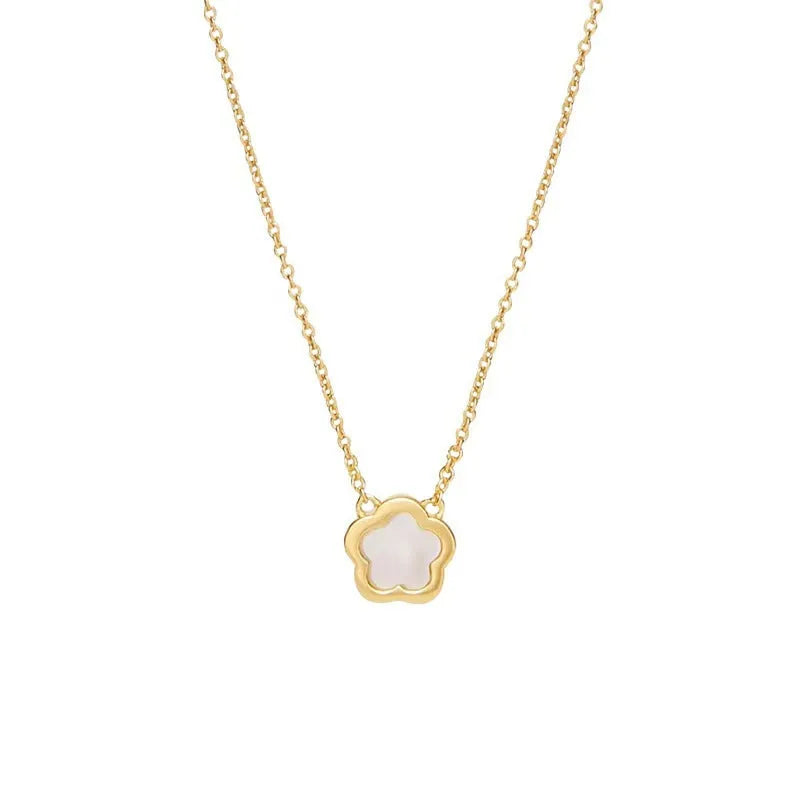White mother of pearl shell flower pendant necklace on gold or silver plated copper chain