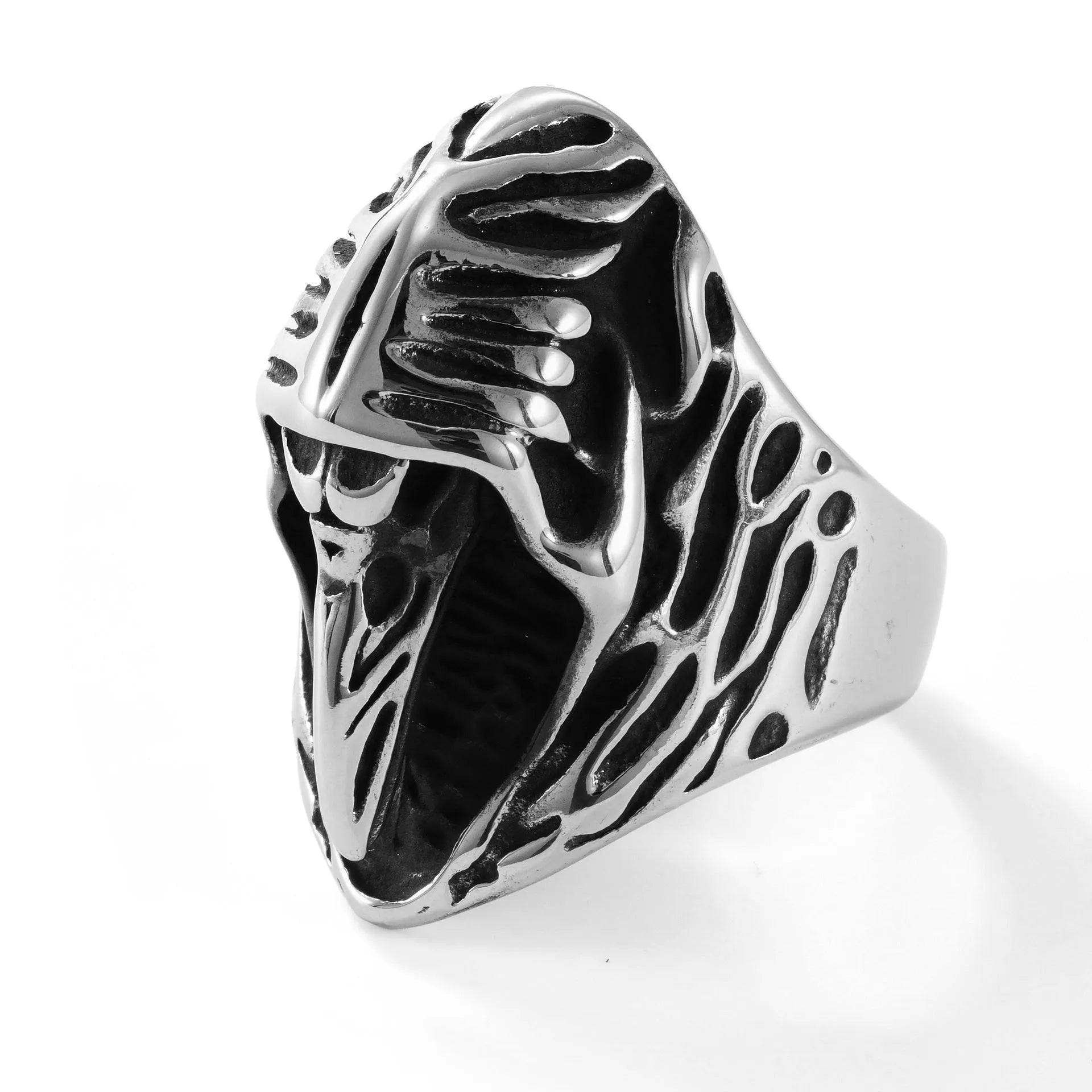 Geometric crow skull punk ring in MR166 colour with stainless steel construction showing detailed animal motif design