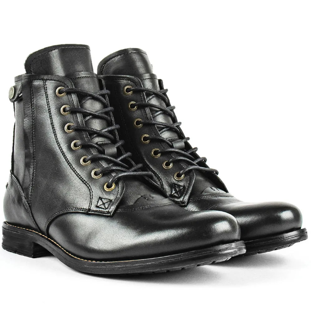 Knight Series black and brown two-tone leather boots with side zipper detail