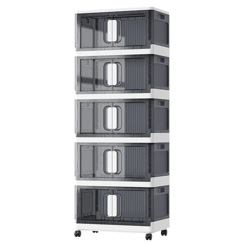 Foldable white household storage locker with wheels and multiple shelves