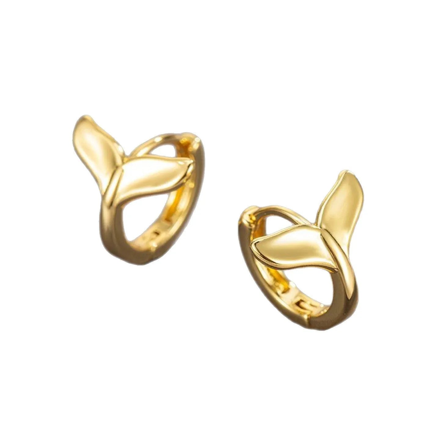 A pair of simple fishtail design earrings with a metallic electroplated finish in either white gold or yellow gold colour.