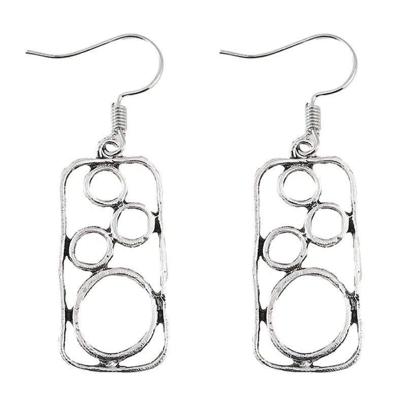 Round ring earrings with geometric irregular square design in antique silver finish