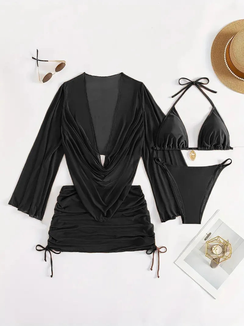 Dark brown women's lace-up backless bikini swimsuit set on a model, showing sleeveless design.
