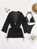 Dark brown women's lace-up backless bikini swimsuit set on a model, showing sleeveless design.