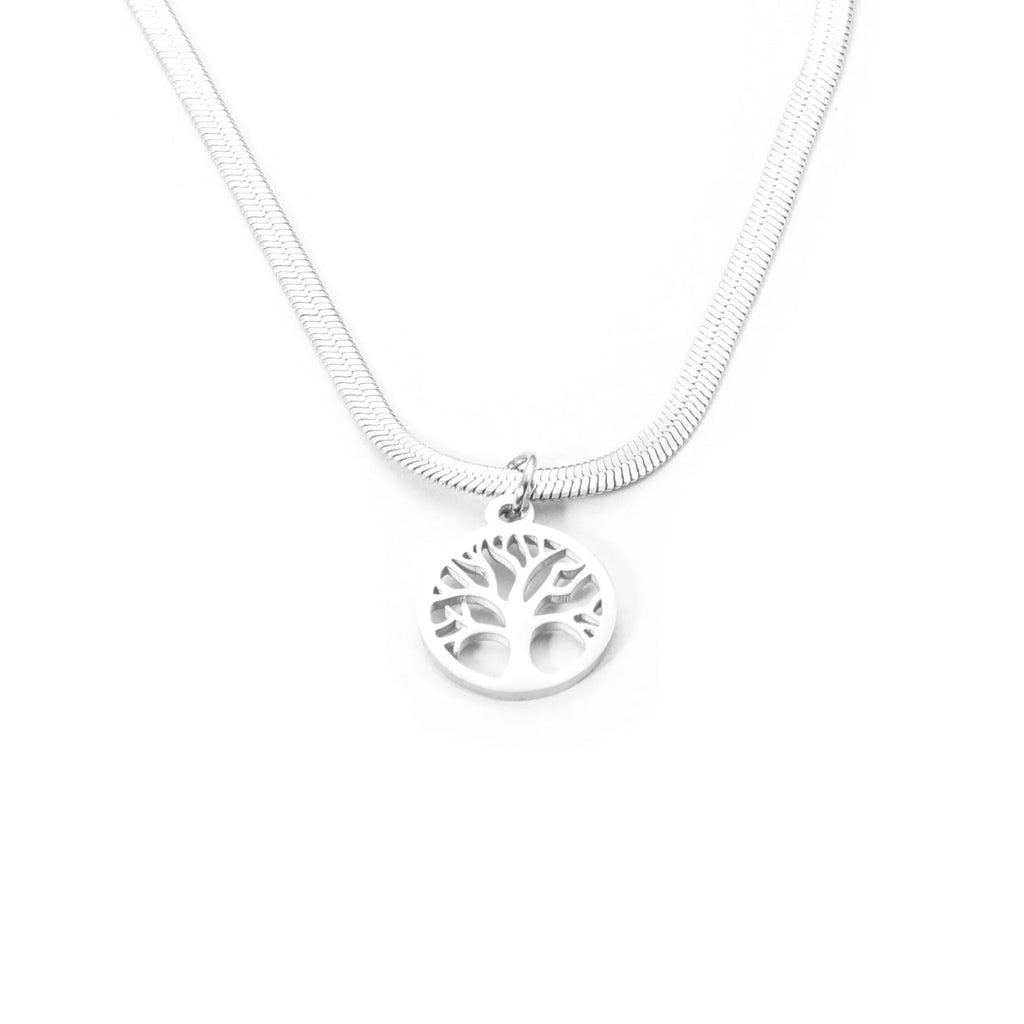 Stainless steel chain necklace with U-shaped lucky tree pendant in gold or steel colour options