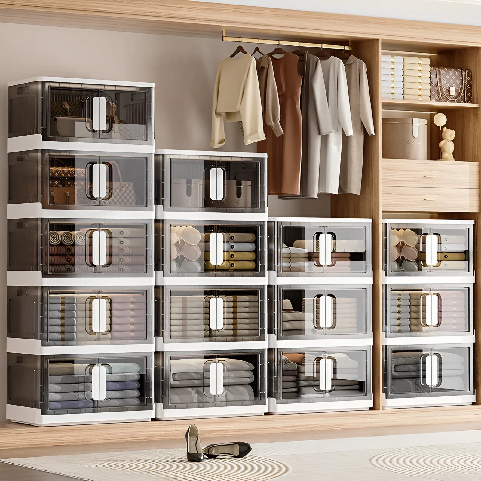 Foldable white household storage locker with wheels and multiple shelves