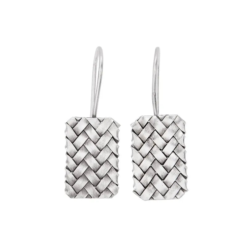 925 sterling silver woven diamond plaid geometric earrings measuring 17.5mm by 11mm