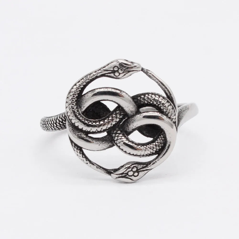 Titanium steel double snake ring with retro styling and cold wind pattern in steel colour