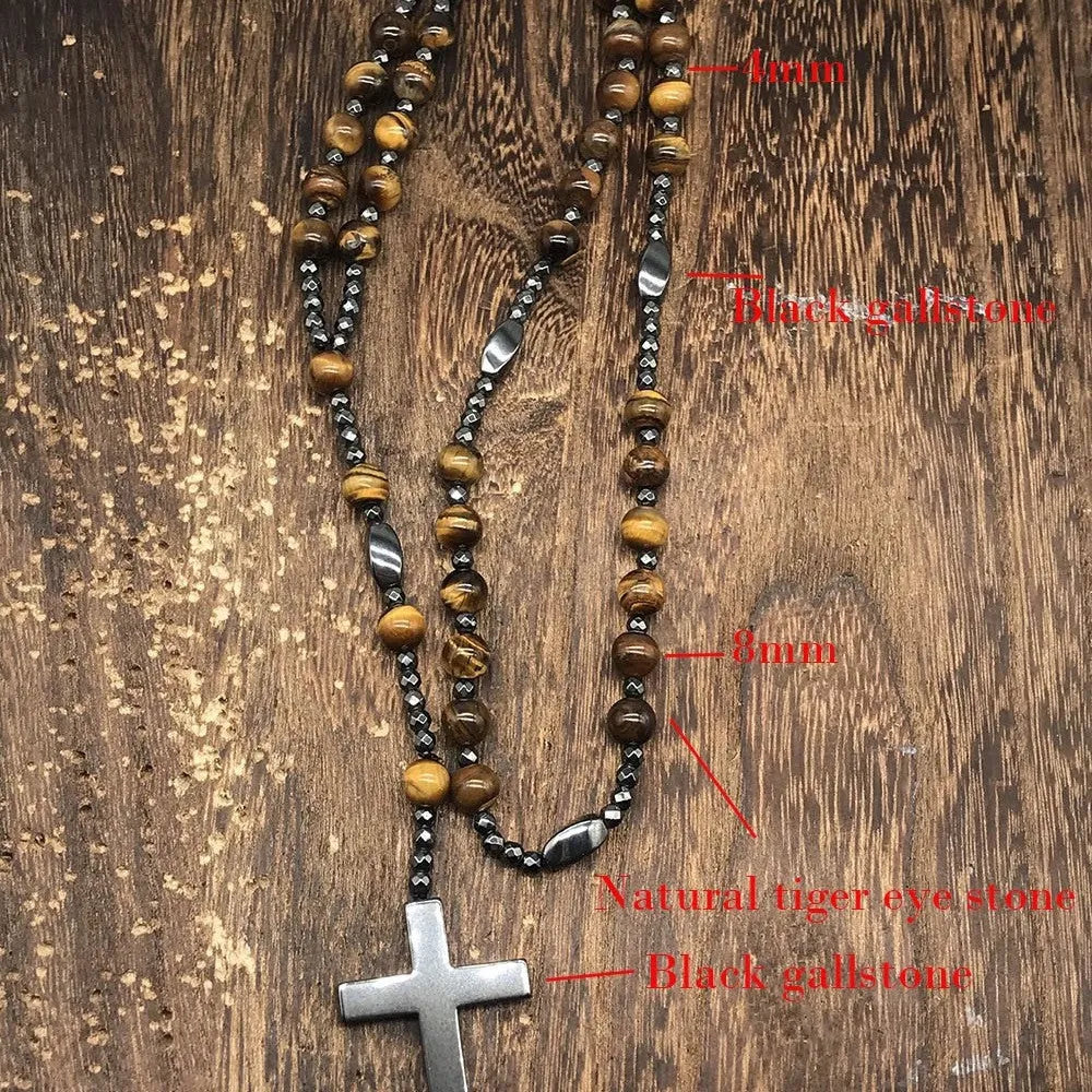 Men's stone cross pendant necklace on 80cm ball bead chain with safety clasp