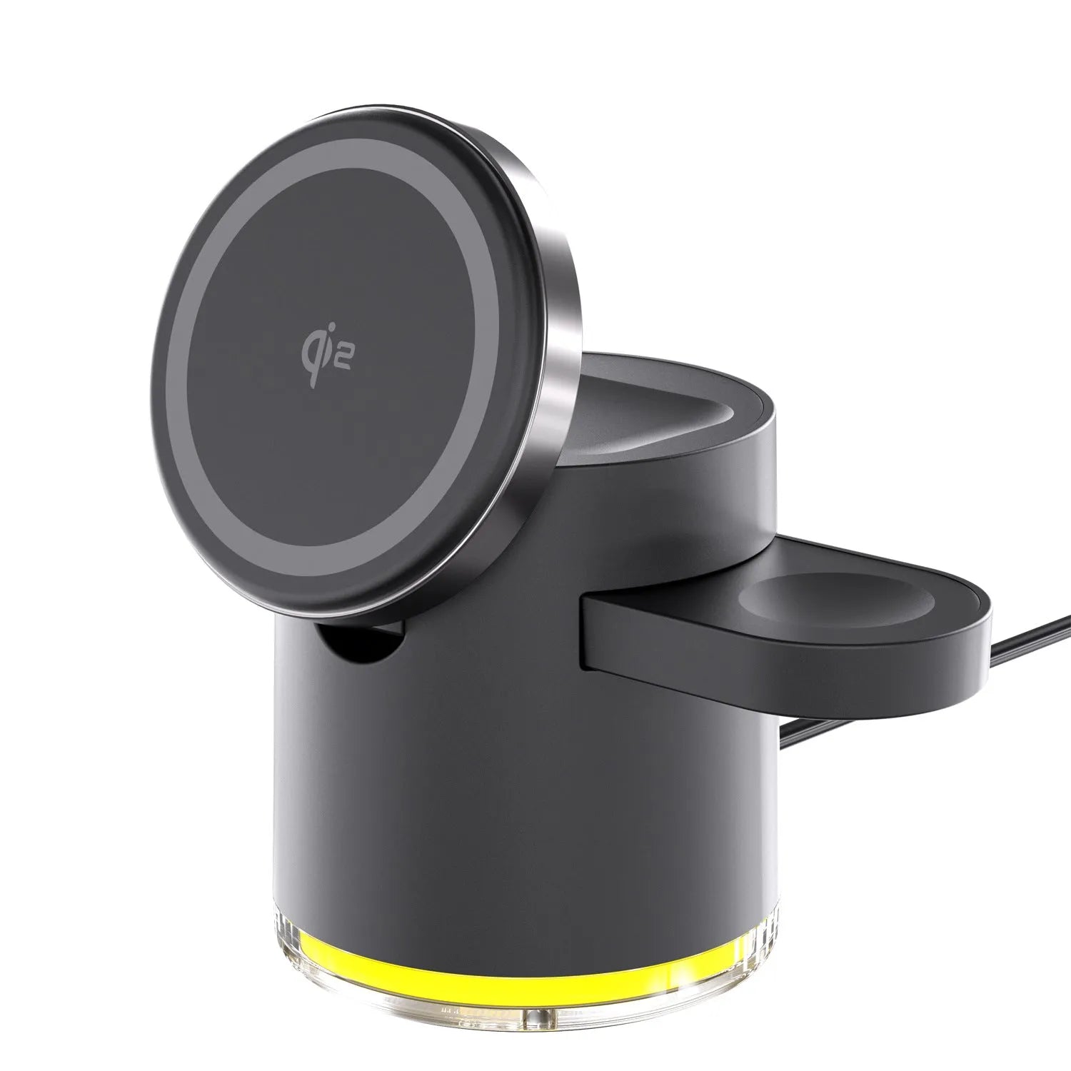 C16 folding three-in-one magnetic wireless charger in black or ivory white, charging a phone, watch and earphones.