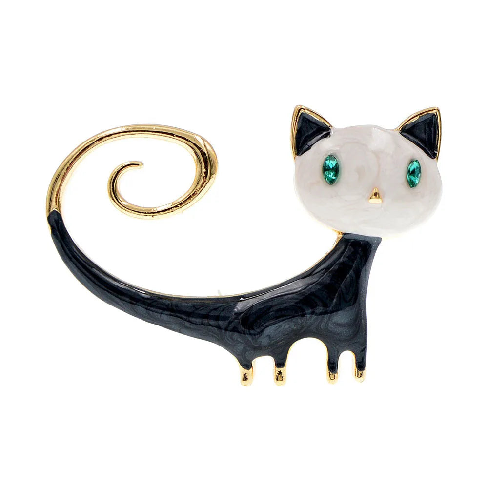 Women's alloy cat brooch with painted tail-up kitty design in orange or white colour