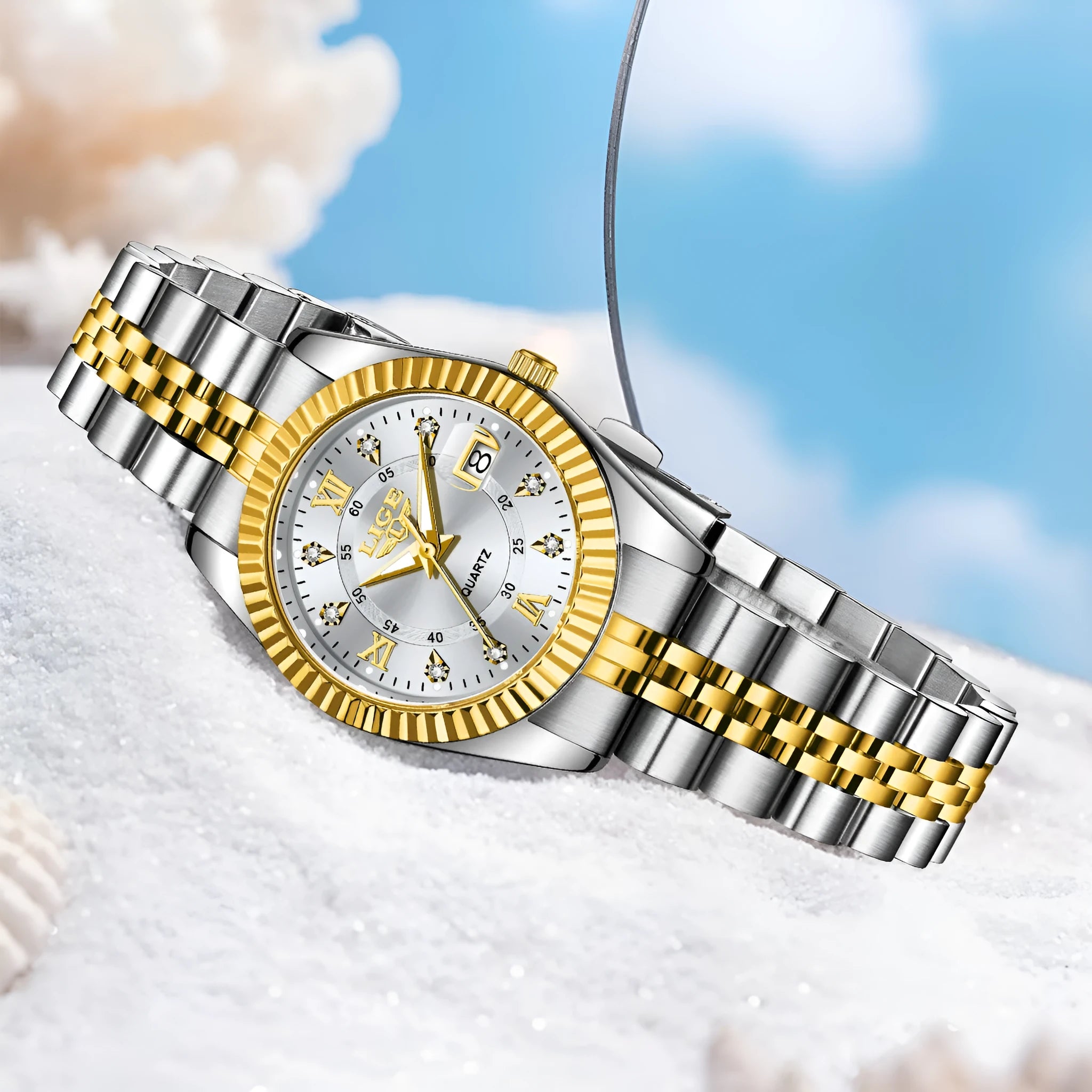 Waterproof ladies fashion quartz watch in gold, silver, or monochrome colours with 10mm alloy case.
