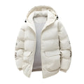 Men's black hooded winter coat with letter-print design and side pockets in Korean style