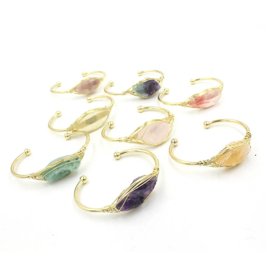 Natural raw gemstone winding bracelet with 8mm crystals in ethnic unisex design
