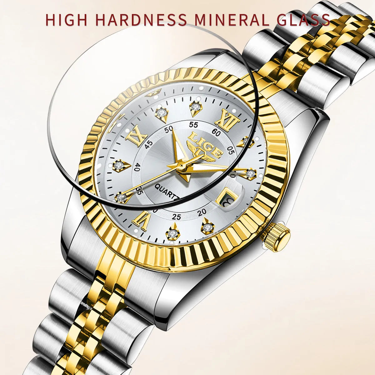 Waterproof ladies fashion quartz watch in gold, silver, or monochrome colours with 10mm alloy case.