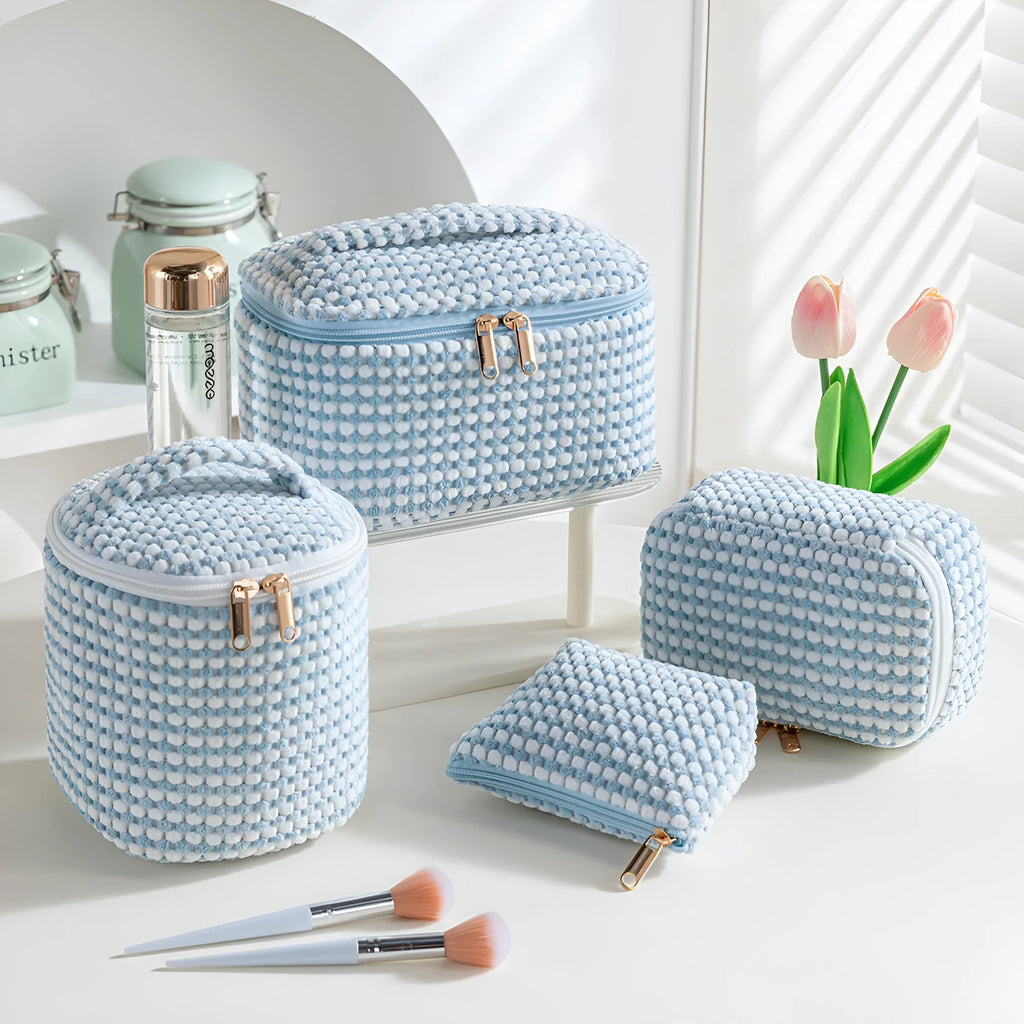 Flannelette makeup bag four-piece set in cube style, shown in pink, khaki, pink dots, and blue with dots colour options