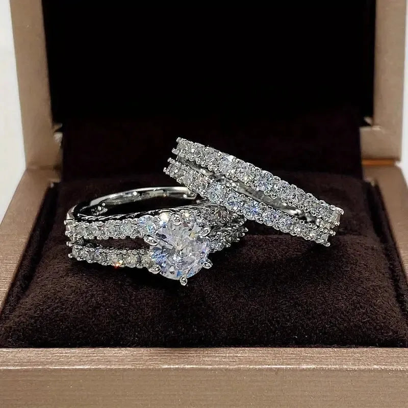 Geometric 2 in 1 fully-jewelled female ring set in silver, gold, and rose gold colour options.