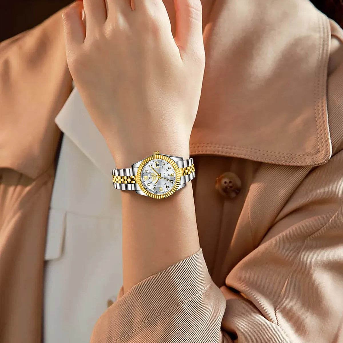 Waterproof ladies fashion quartz watch in gold, silver, or monochrome colours with 10mm alloy case.