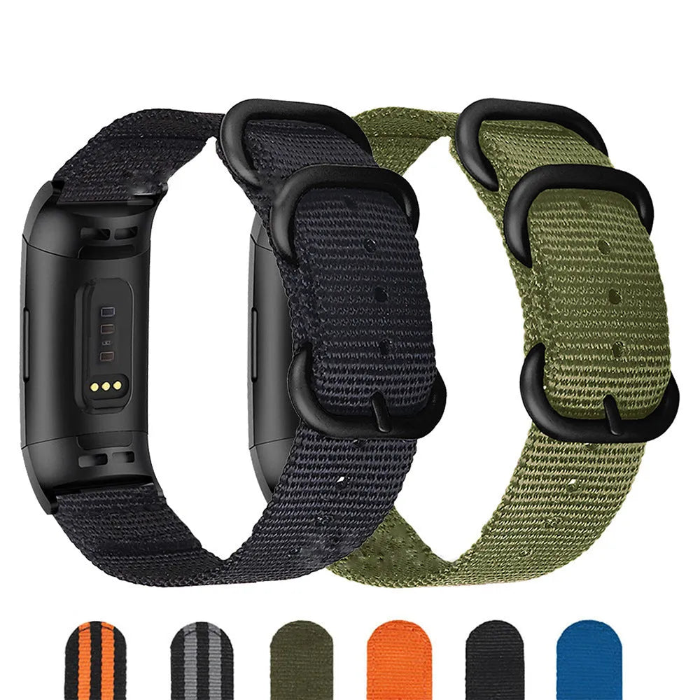 Army Green nylon strap with three-ring metal buckle for Fitbit Charge 3 fitness tracker