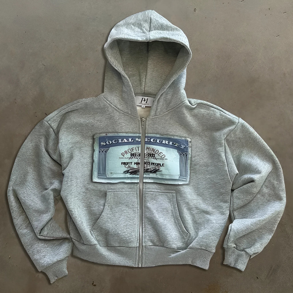 Unisex loose fit hooded zipper jacket in black, grey, or pink with a letter pattern and front pocket.