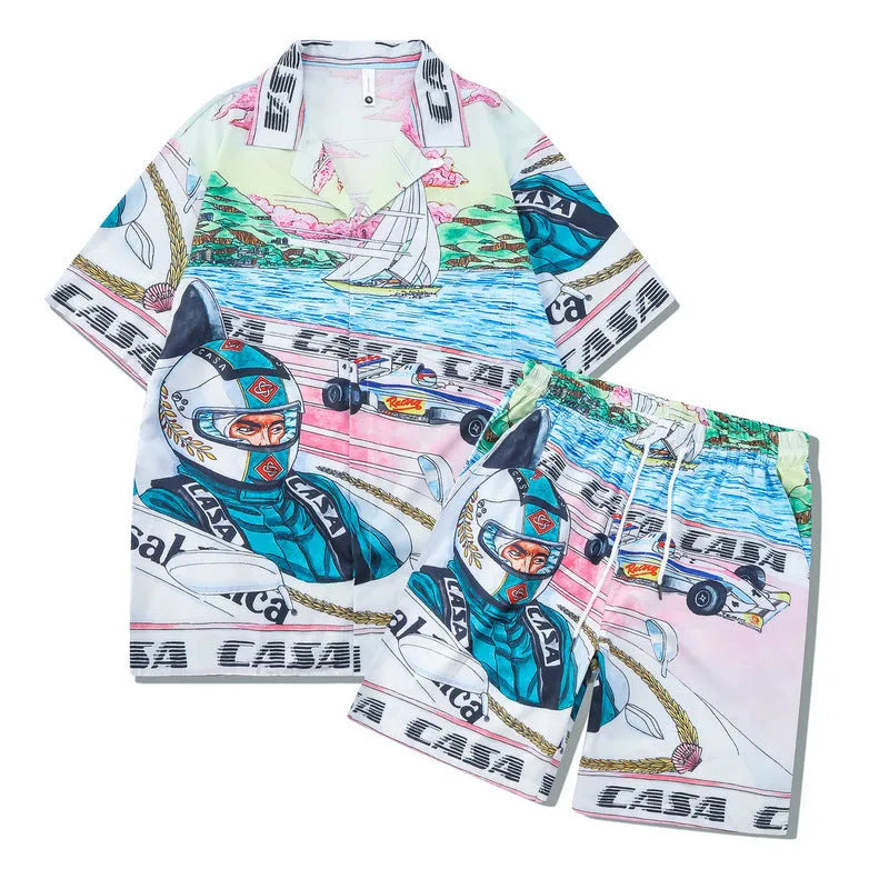 Plaid printed beach outfit set including short sleeve shirt and trousers for men and women