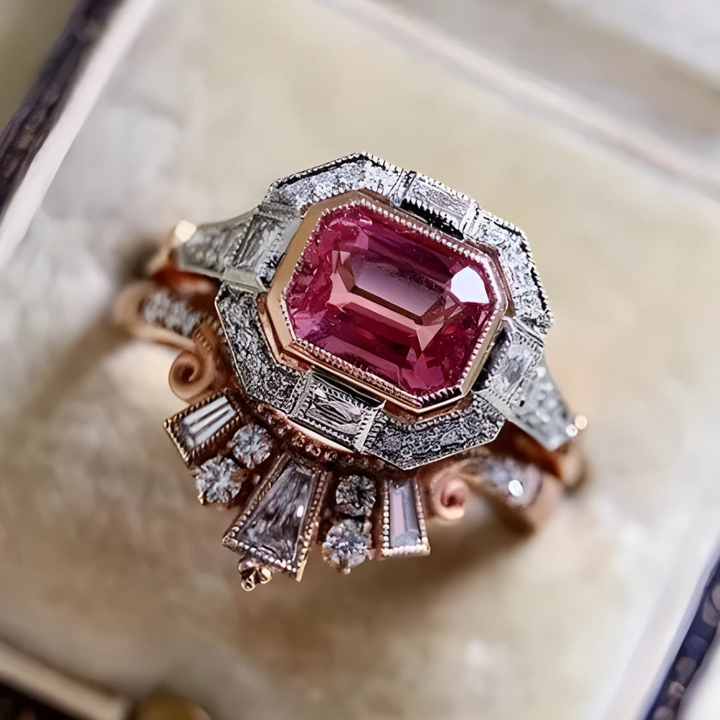 Rose gold geometric women's fashion ring with retro styling in various size options