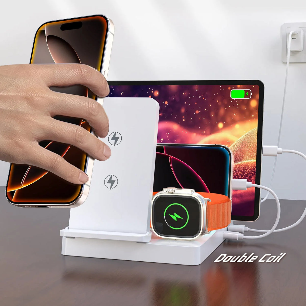 New five-in-one desktop multi-function magnetic charger in black with plastic and alloy construction