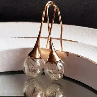 Transparent glass ball earrings with dandelion seed design on silver French hooks