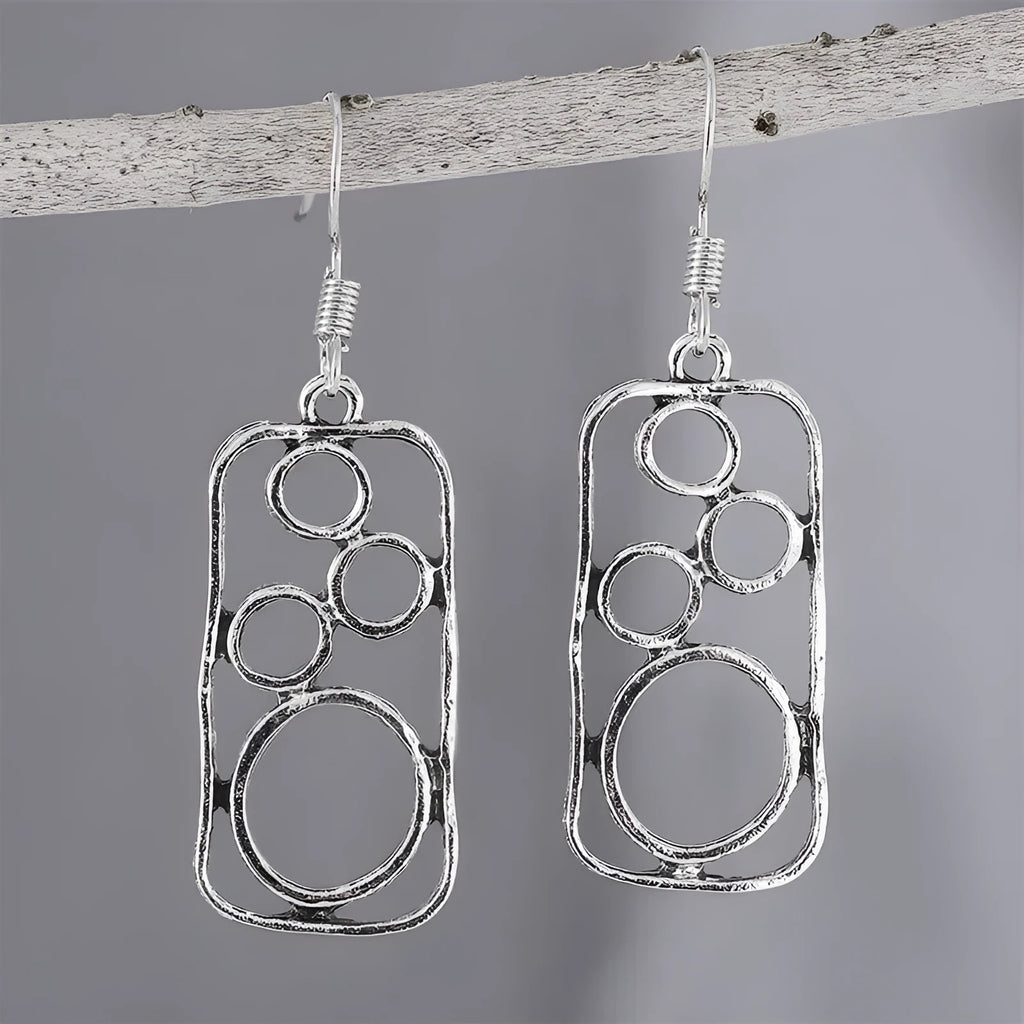 Round ring earrings with geometric irregular square design in antique silver finish
