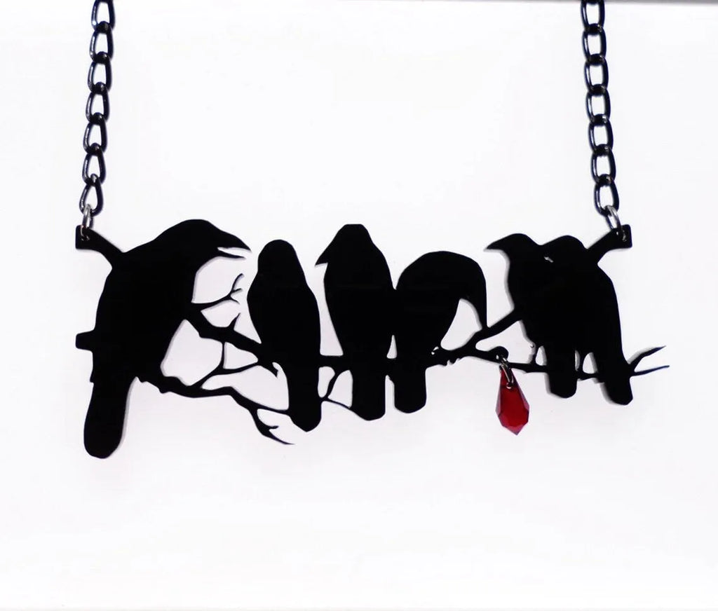 Black crow necklace with cross chain gothic jewellery design