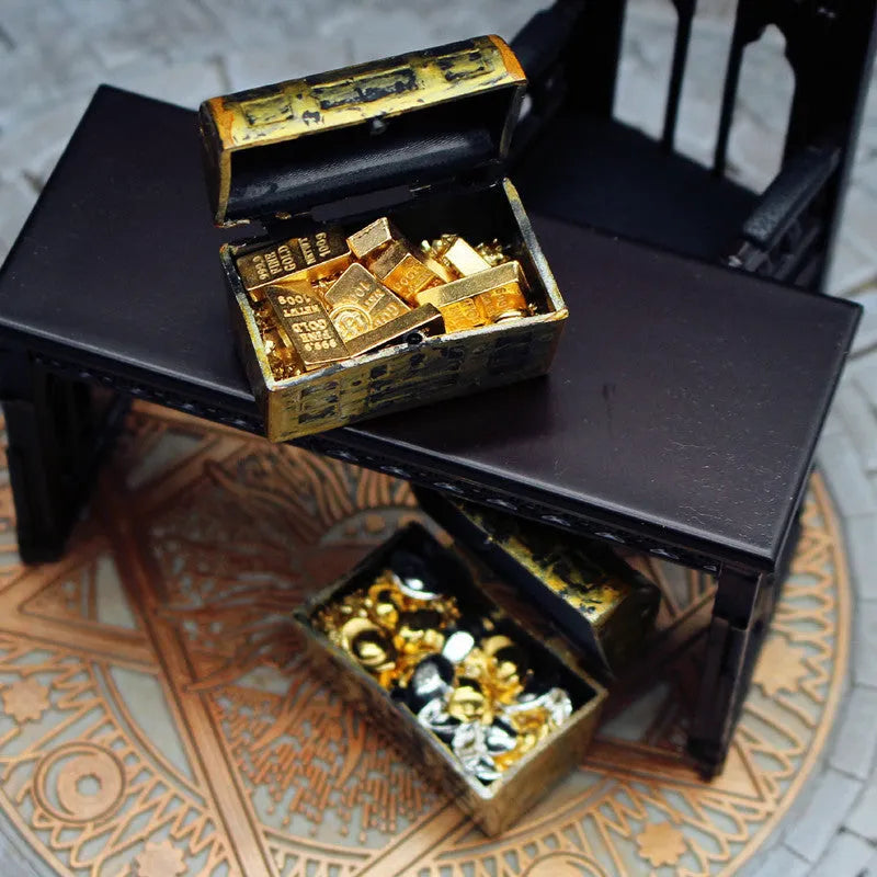 Alloy treasure chest doll house accessories with miniature gold coins and gold bars