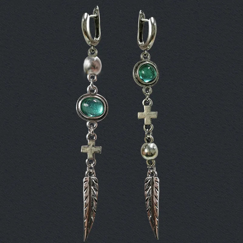 Metal cross feather tassel earrings in picture colour with retro geometric electroplated dangle design
