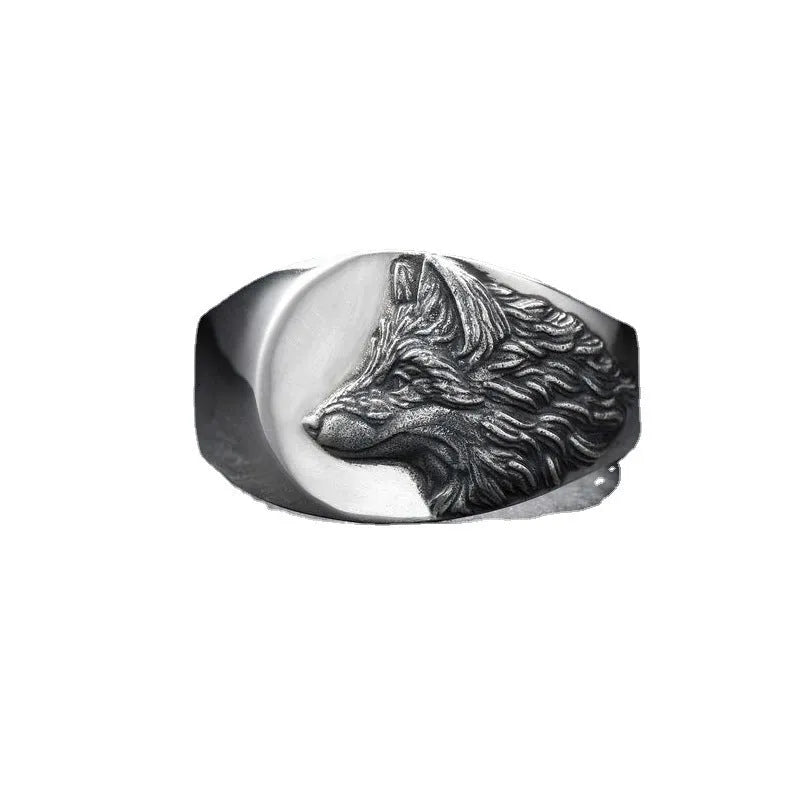 Silver alloy men's ring with geometric wolf shape design in European American retro style
