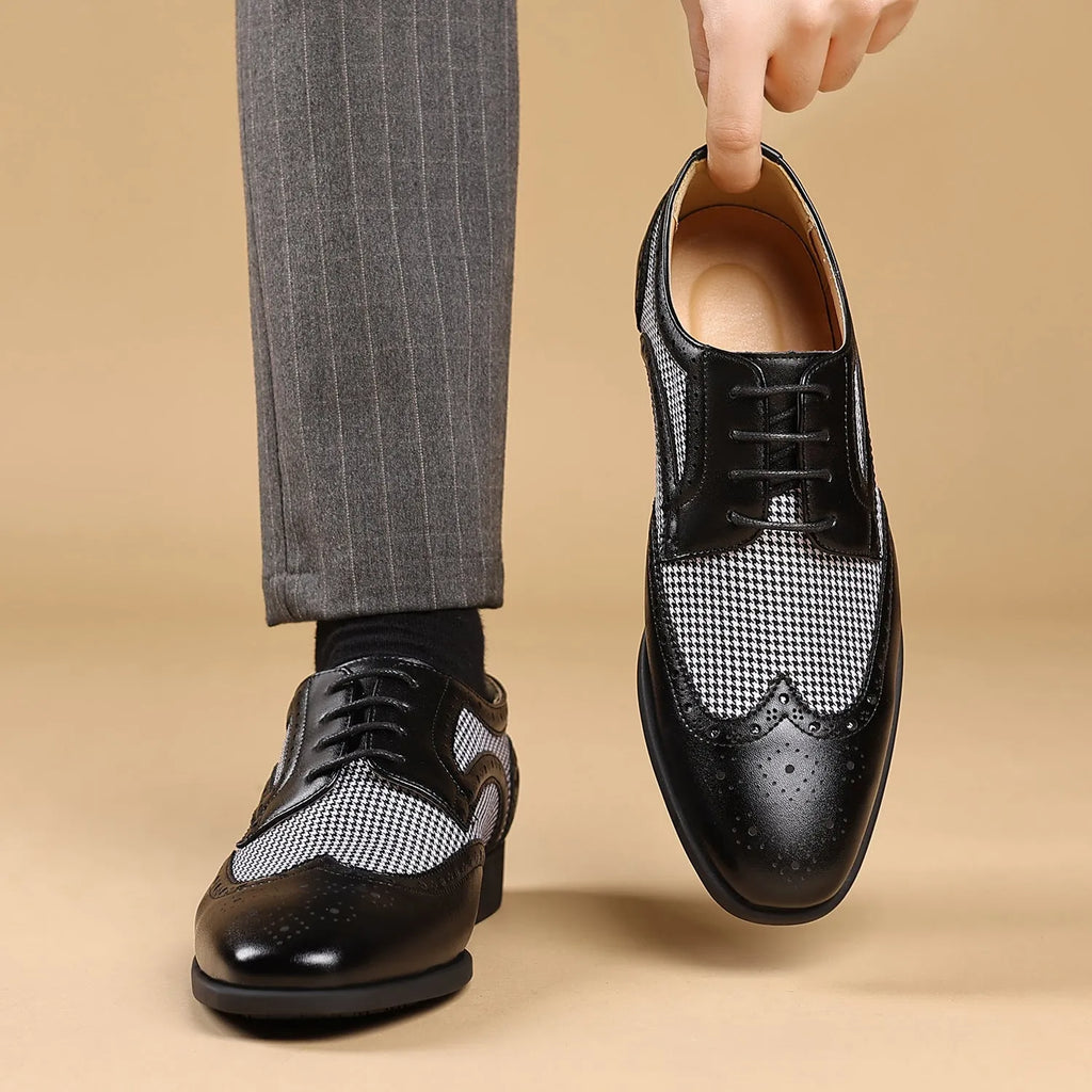 Men's black houndstooth plaid canvas casual shoes with square toe and lace-up front.