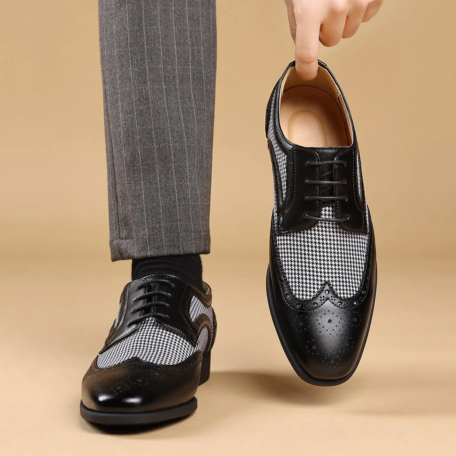 Men's black houndstooth plaid canvas casual shoes with square toe and lace-up front.