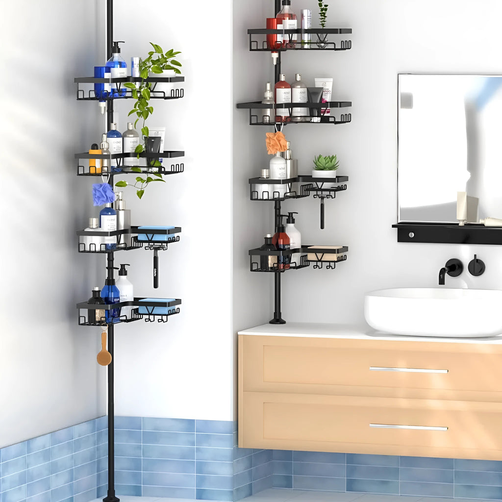 A modern, hole-free retractable bathroom storage rack with four shelves made of stainless steel and iron.