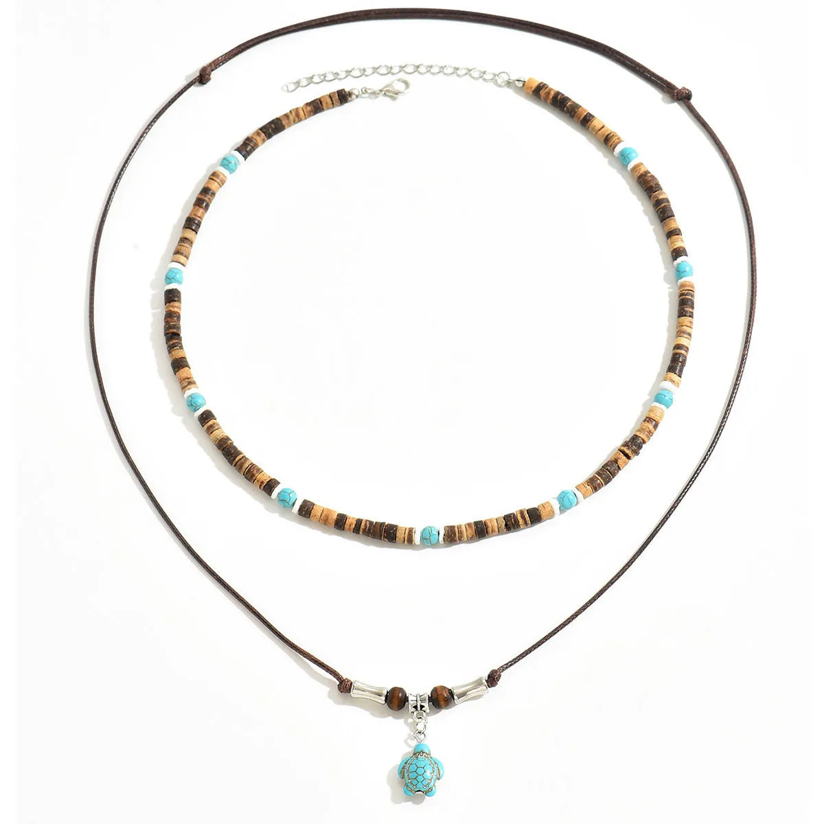 Men's round coconut shell and turquoise mixed gem inlay pendant necklace on leather wax line cord