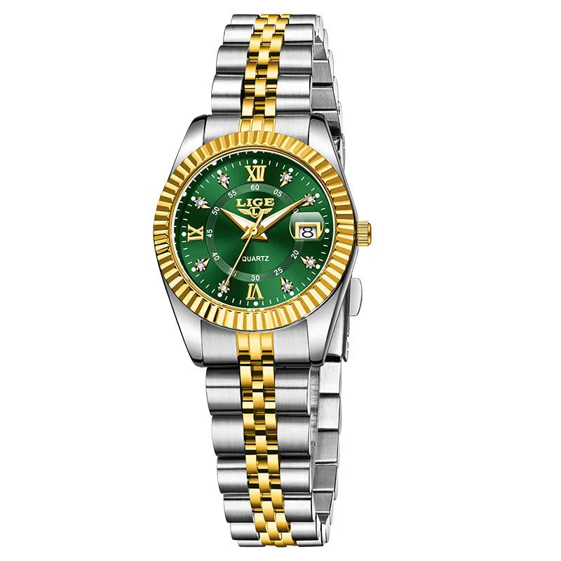 Waterproof ladies fashion quartz watch in gold, silver, or monochrome colours with 10mm alloy case.