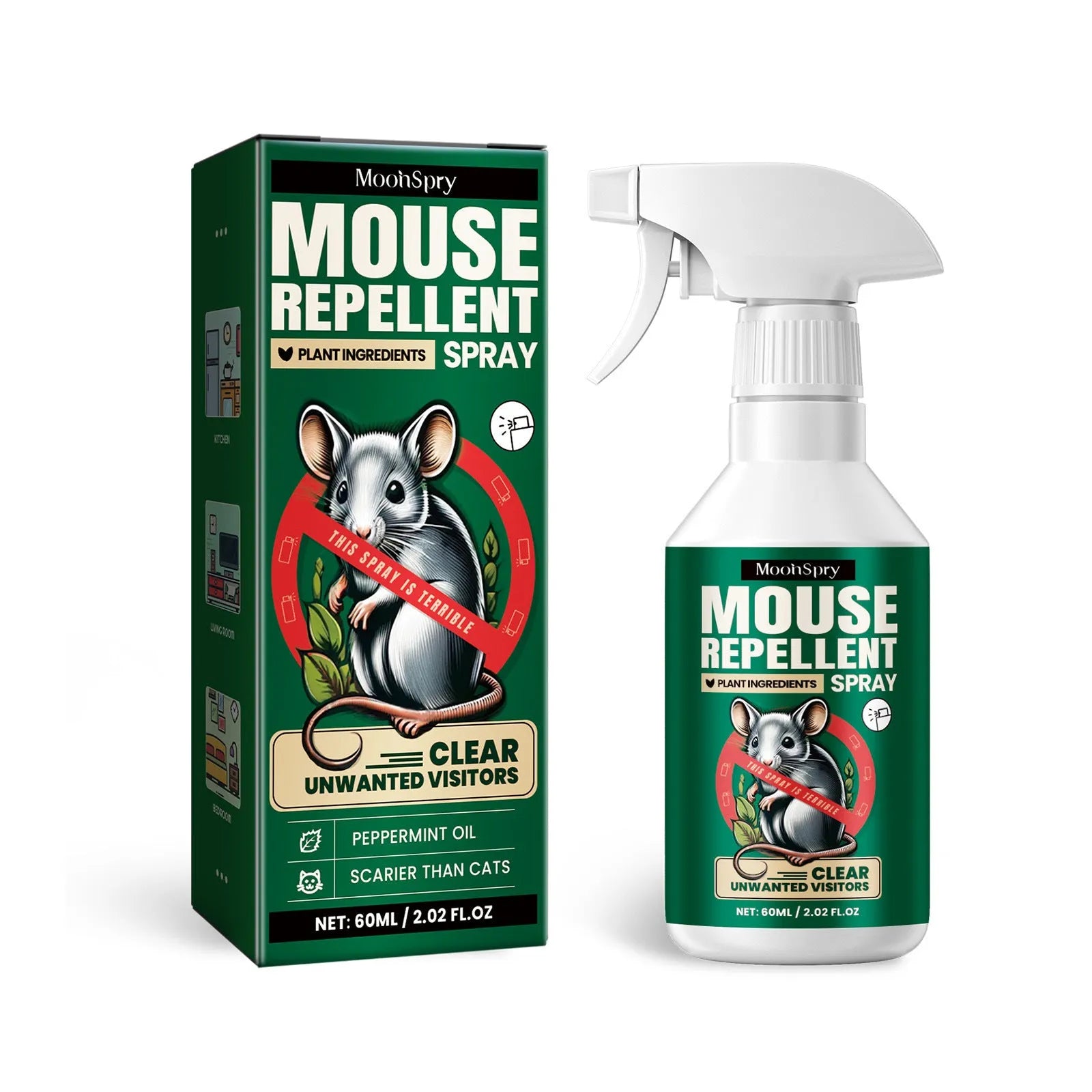 60ml bottle of natural rat repellent spray with clove, peppermint, camphor, and chilli oils.