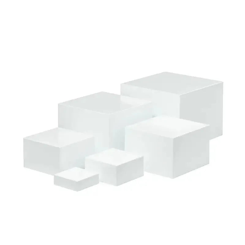 White plastic suit cube dessert display stand with six stackable pieces for table presentation