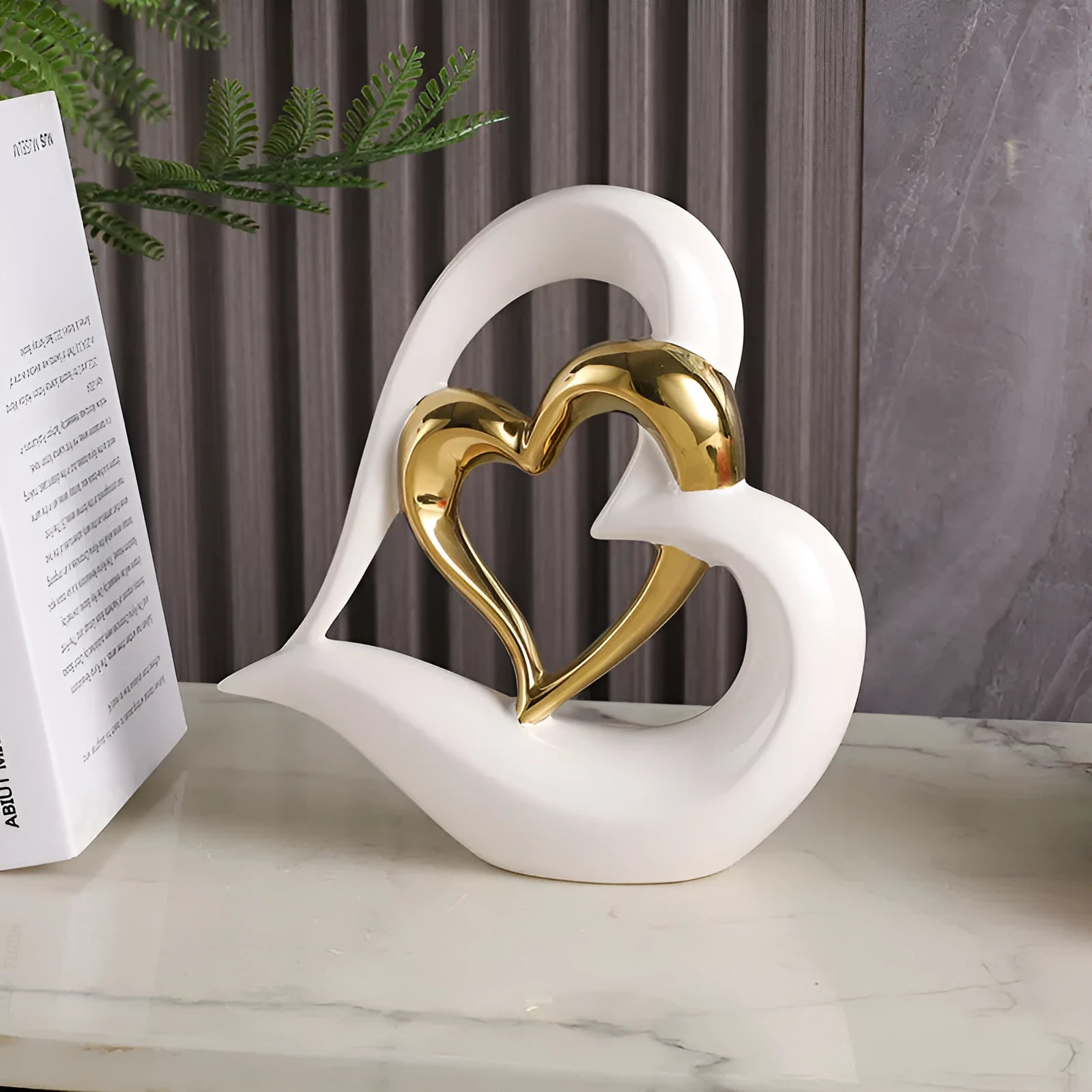 Modern white porcelain heart ornament with metallic finish in geometric design for living room or wine cabinet decoration
