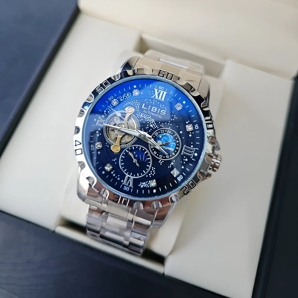 Men's silver case automatic mechanical watch with black starry dial on genuine leather strap