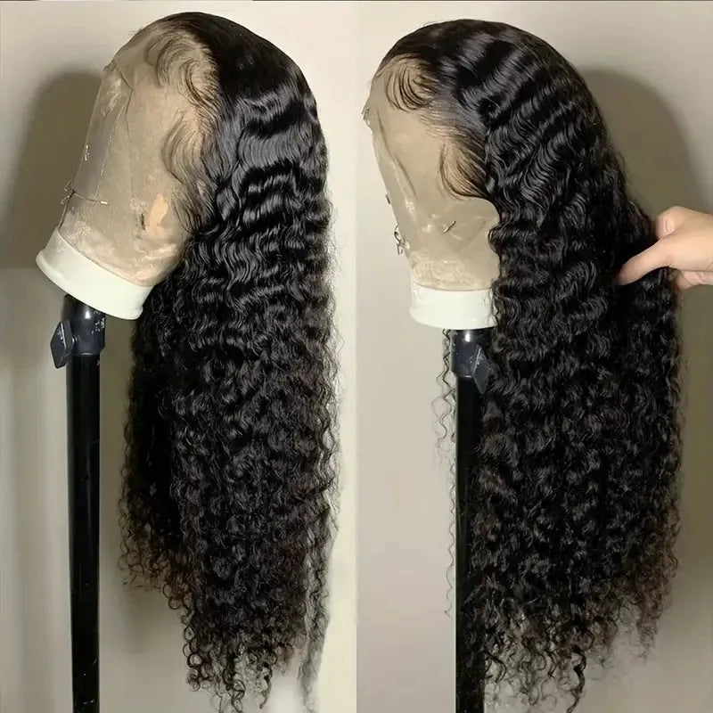 Black long curly lace afro wig on a stand showing wound tube construction.